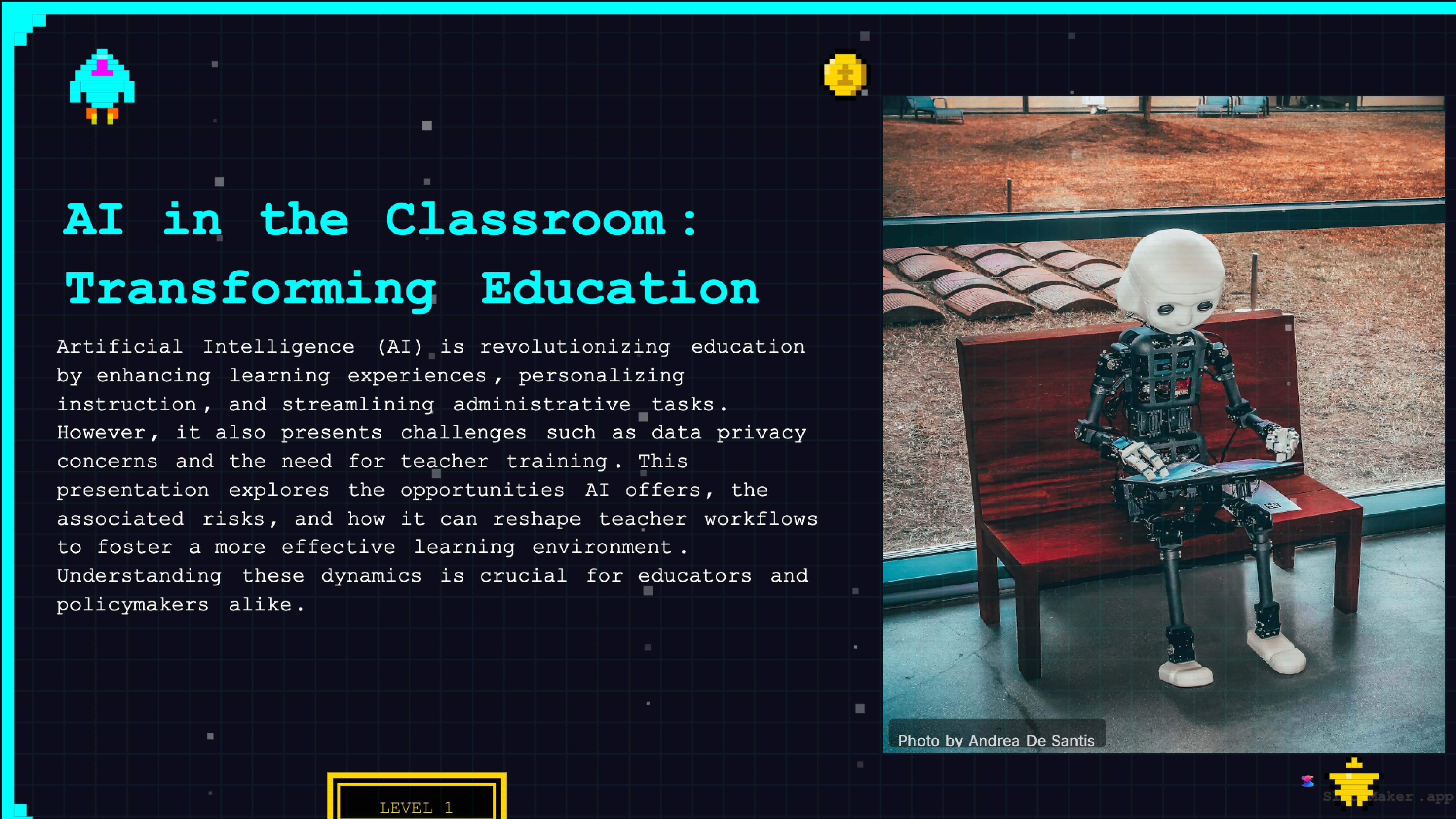 Pixel Arcade PowerPoint template preview - Retro 8-bit arcade gaming style. Fun and engaging for gaming, tech, and entertainment presentations.