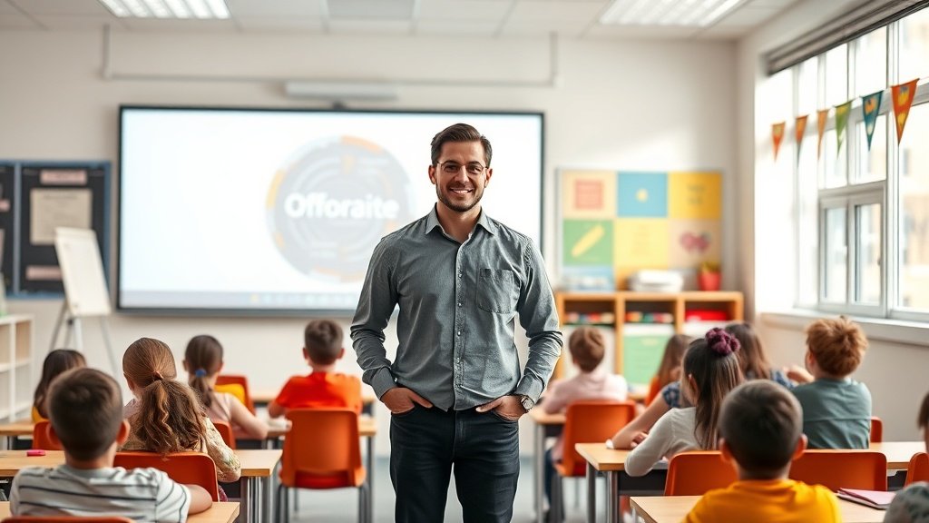 Teacher standing at the front of a bright classroom with a presentation slide projected on the screen behind them