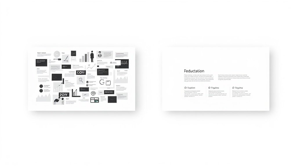 Side-by-side comparison of a cluttered corporate presentation slide and a clean educational slide with clear visual hierarchy
