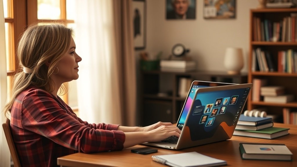 Teacher sitting at a desk reviewing AI-generated presentation slides on a laptop before class