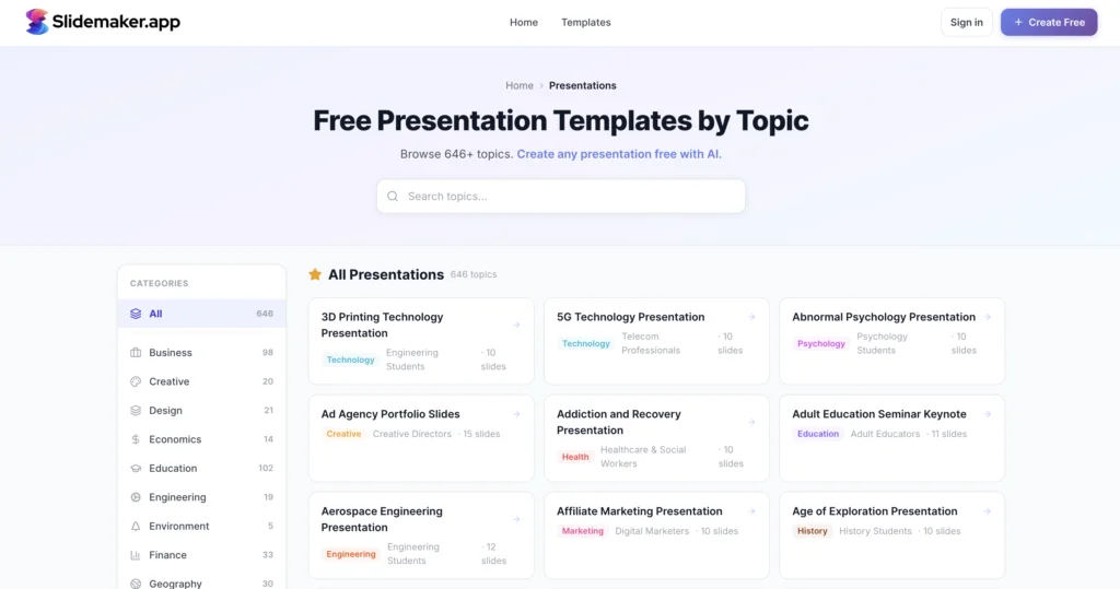 SlideMaker AI presentation maker interface showing slide generation from a prompt