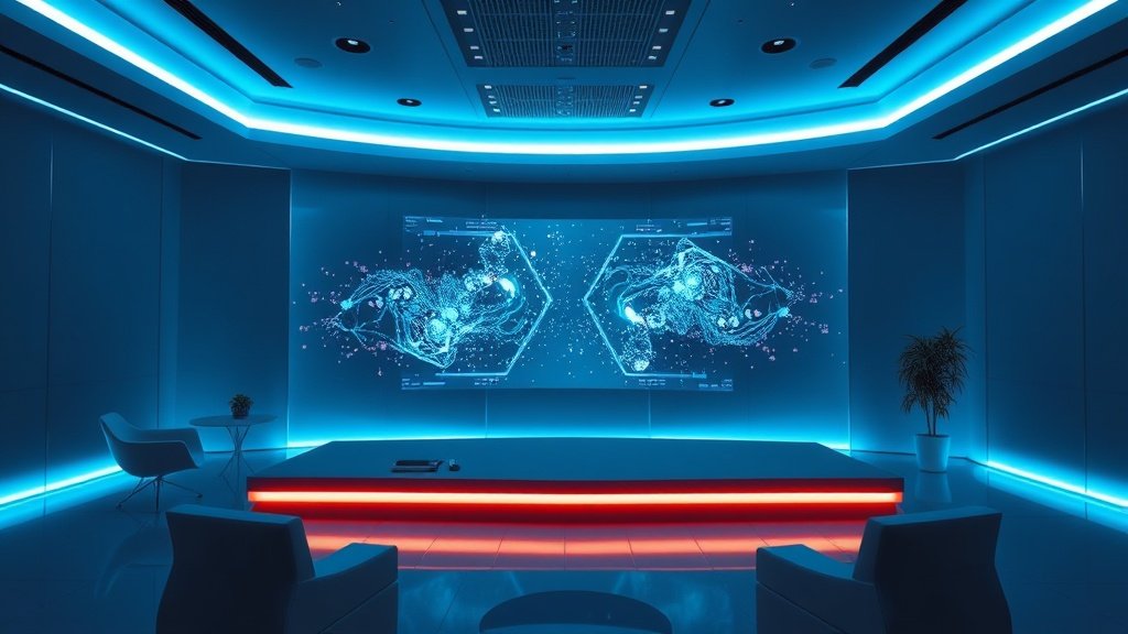Futuristic AI presentation design studio creating stunning PPT slides