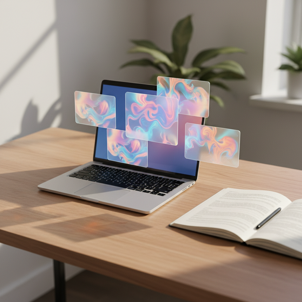 Workspace showing a laptop with abstract slide thumbnails next to a paper outline notebook