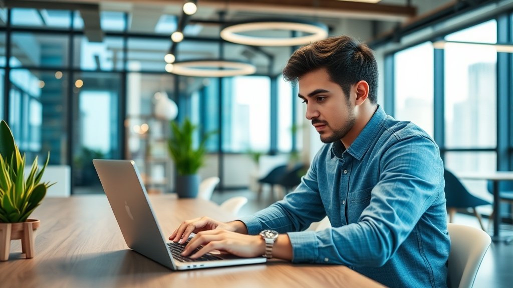 Startup founder using an AI pitch deck maker on a laptop in a modern workspace