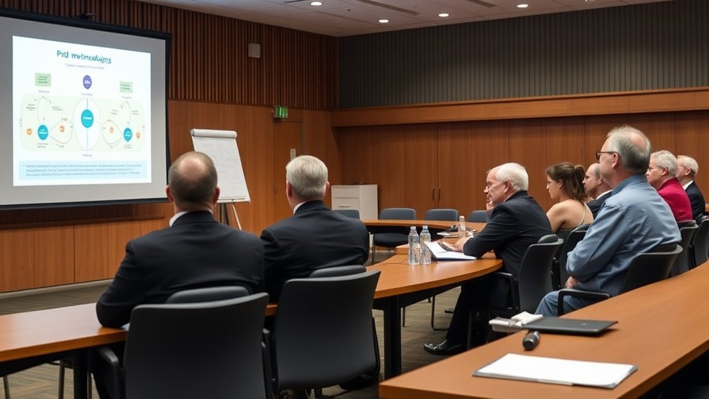Academic committee evaluating a thesis defense presentation in a university lecture hall