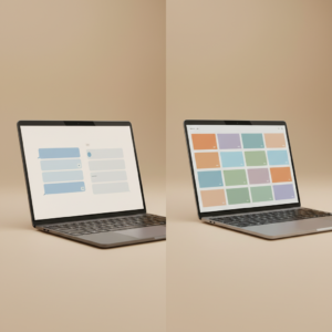 Two laptops side by side showing before-and-after digital transformation presentation slide layouts
