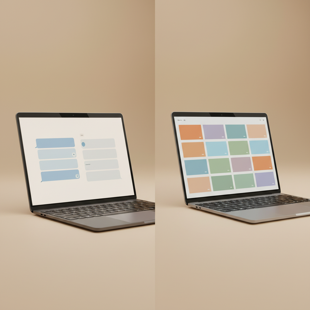Two laptops side by side showing before-and-after digital transformation presentation slide layouts